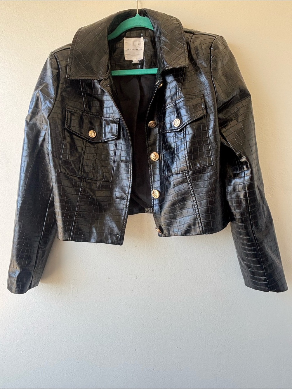 Avec Les Filles Black Croc-Embossed Faux Leather Jacket